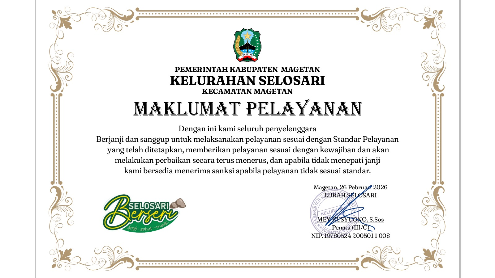 MAKLUMAT PELAYANAN KELURAHAN SELOSARI
